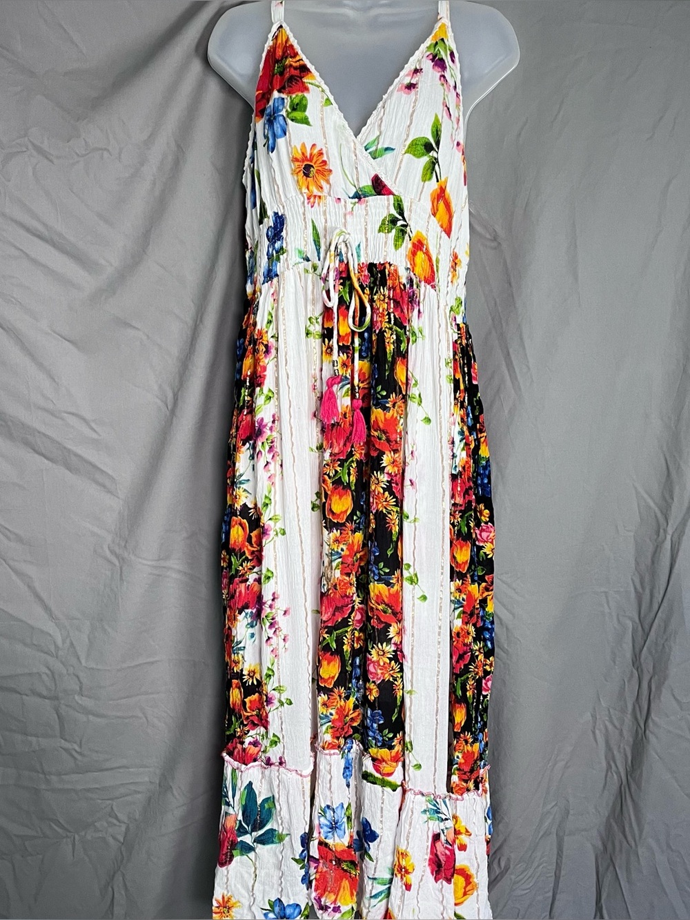 Me 2 Magic Boho Floral Tiered Maxi Sundress Metallic Stripes XL